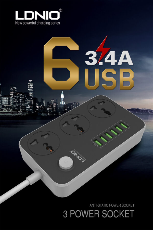 LDNIO SC3604 6 USB Ports And 3 Power Sockets Extension