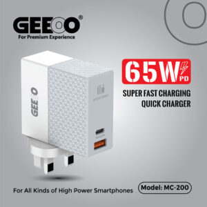 original Geeoo MC200 65Watt Fast Charger With PD Dual Port Support All Kinds of High Power Smartphones, Mackbook, And i-pad