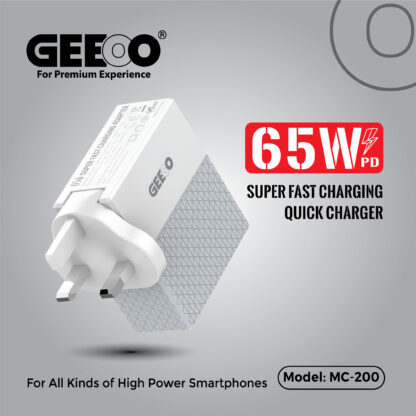 Geeoo MC200 65Watt Fast Charger With PD Dual Port Support All Kinds of High Power Smartphones, Mackbook, And i-pad