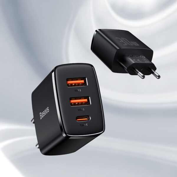 baseus compact quick charger 2u+c three ports 30w travel power adapter