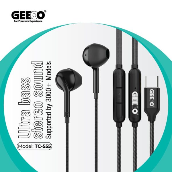 Geeoo TC555 Type-C Earphone With Ultra Bass And Stereo Sound Black