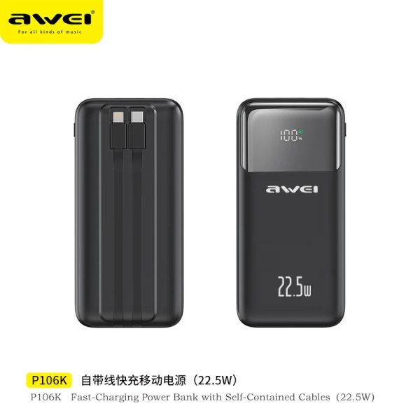 Awei P106K 10000mAh Type-C & Lightning Cable PD22.5W 5in 1 Power Bank