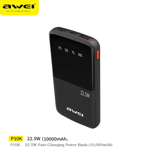 Awei P10K [3in1] 10000mAh With 2USB &1 Type C Outputs 22.5W Fast charge Portable Power Bank: Charging Powerbank: