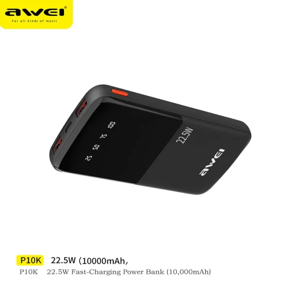 Awei P10K [3in1] 10000mAh With 2USB &1 Type C Outputs 22.5W Fast charge Portable Power Bank: Charging Powerbank: