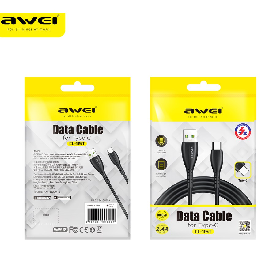 Awei CL-115T 1000mm Charging Data Cable For Type-C 2.4A