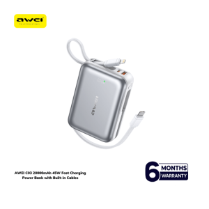 Buy Awei C03 20000mAh 45W fast charging power bank with built-in cables from BlackBud BD. Powerful, safe & perfect for travel and daily use.